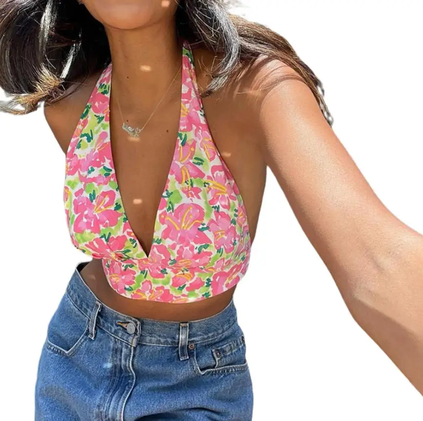 

Женский укороченный топ на бретельках, сексуальный топ с глубоким V-образным вырезом, без рукавов, с открытой спиной, с цветочным принтом