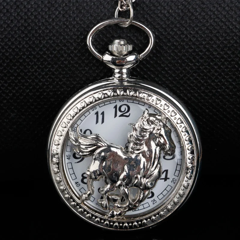 

New Luxury Silver Running Horse Quartz Pocket Watch Necklace Men Women Gifts With Fob Chain TD2168