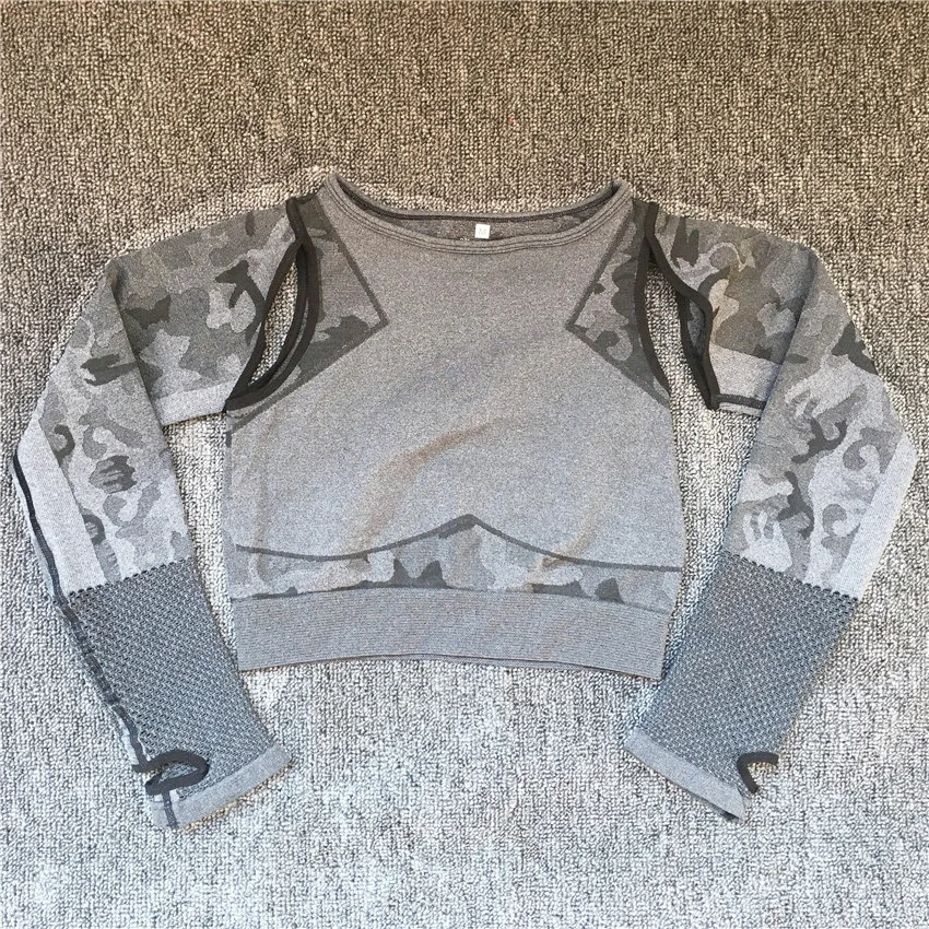 CB1188 grey top Бесшовный комплект для йоги с длинным рукавом, женские спортивные костюмы для фитнеса, леггинсы для спортзала, спортивные топы с эффектом пуш-ап, рубашка, комплект из 2 предметов для тренировок, спортивный костюм - Цвет: CB1188 grey top