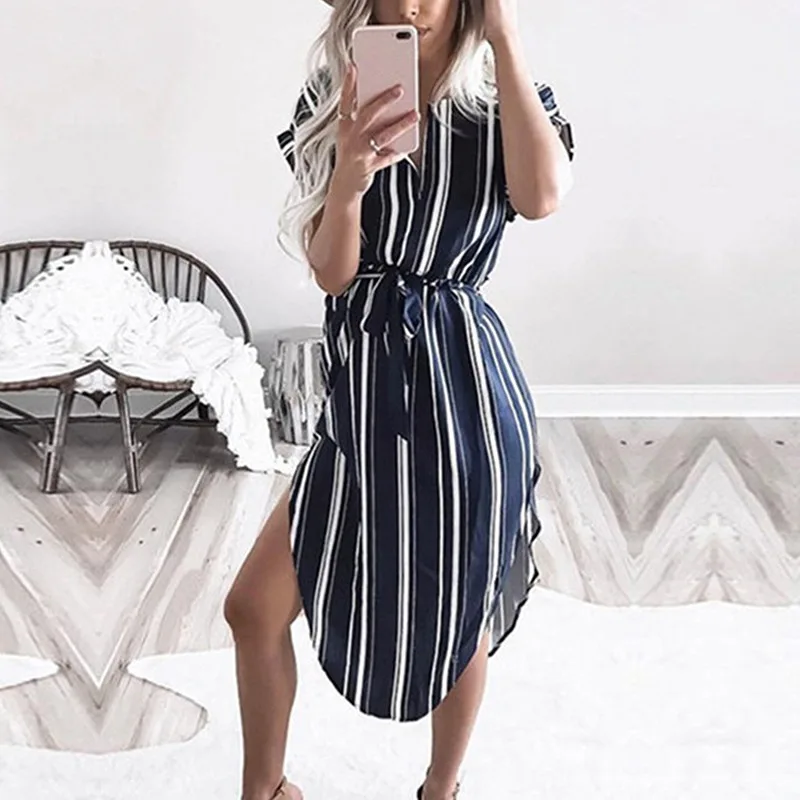 

Office Lady Summer Dress V Neck Flower Printed Striped Dress Women Sexy Short Sleeve Side Split High Waist Dresses