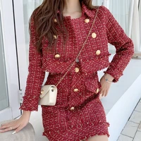new autumn winter tweed high quality causal womens 2 piece set short jacket coat elegant red tassel slim skirts