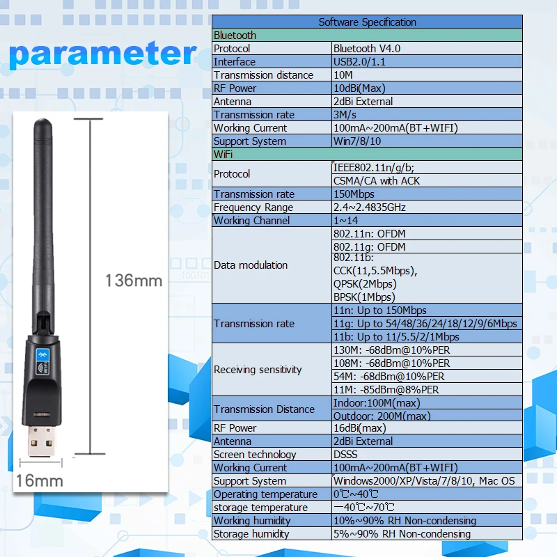 Wifi bluetooth-адаптер 150 Мбит/с USB Wifi антенный адаптер 2dBi RTL8723BU Беспроводная сетевая Рабочая карта Wifi приемник передатчик
