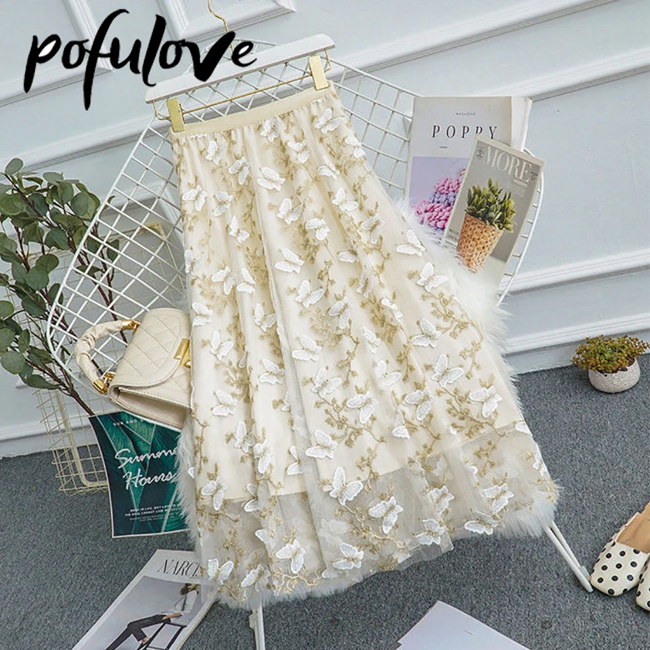 Женская Тюлевая юбка миди с вышивкой бабочки элегантная из газовой ткани высокой