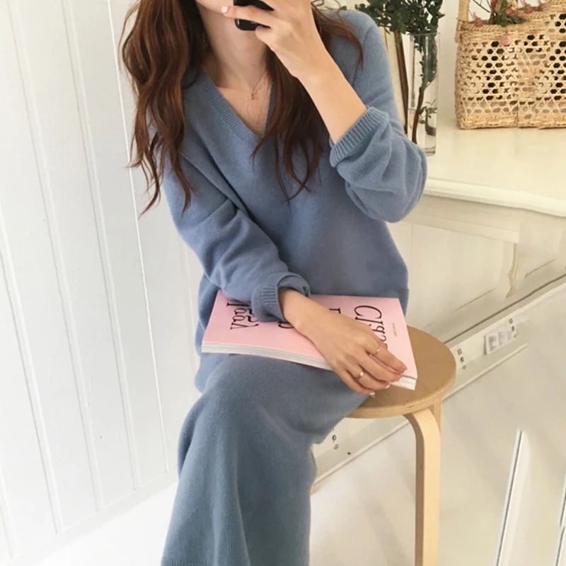 

Winter Sweater Dress Women Knitted Party Long Dress Solid Elegant Vintage Korean Long Sleeve Straight Sweater Loose Dresses V725
