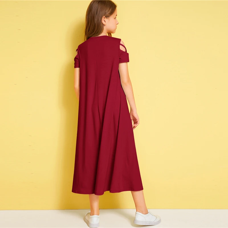 SHEIN/однотонное Повседневное платье с открытыми плечами и перекрещивающимися крест-накрест для детей; коллекция года; летние эластичные детские футболки с короткими рукавами