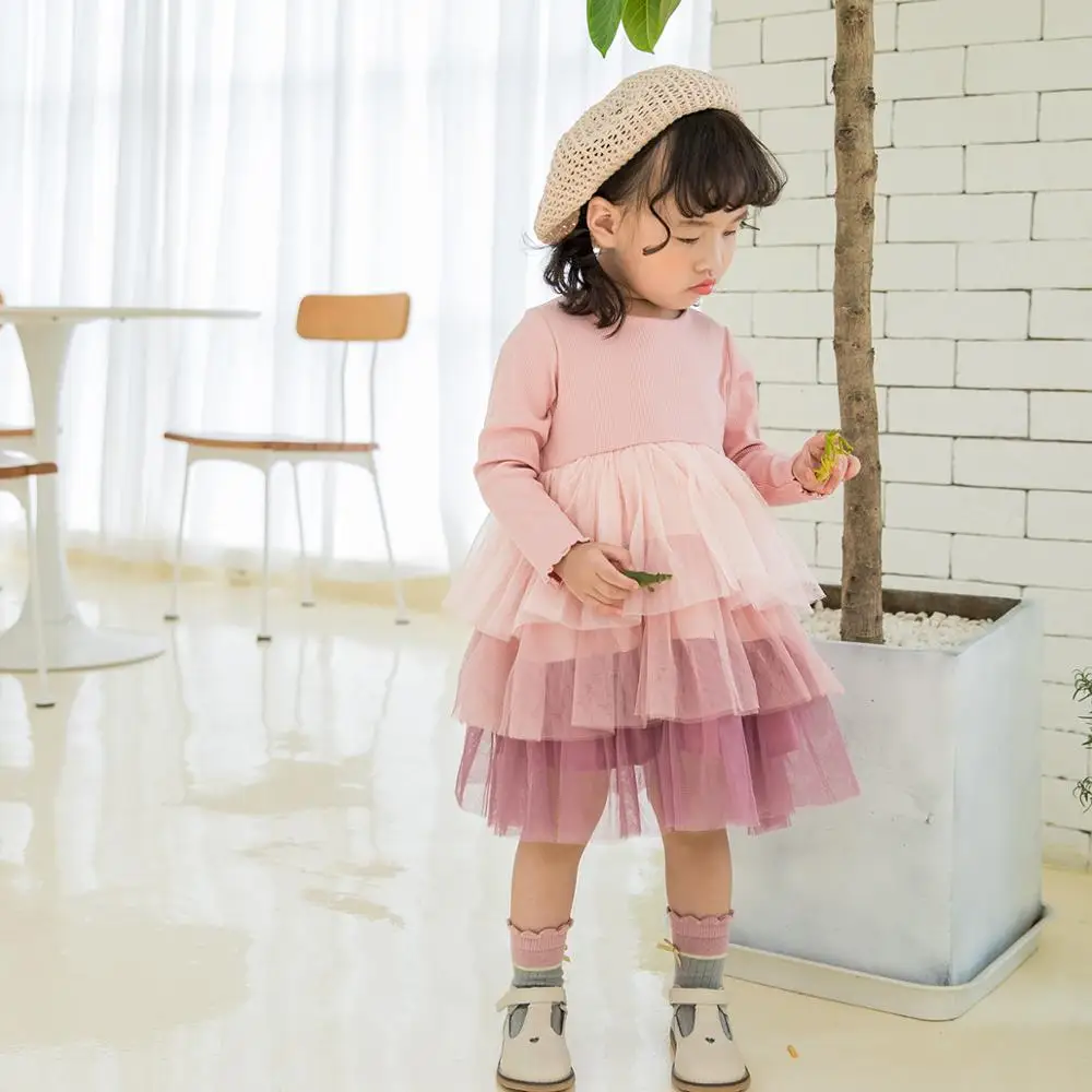 Новинка 2019 Сетчатое платье для девочек с длинным рукавом Корейская версия