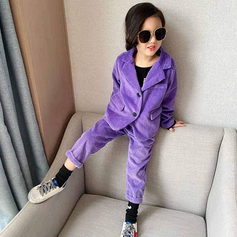 

Children's Clothing Set Girls Purple Corduroy Suit 2021 Autumn Kids New cotton Trousers Jacket Two-pieces Suits