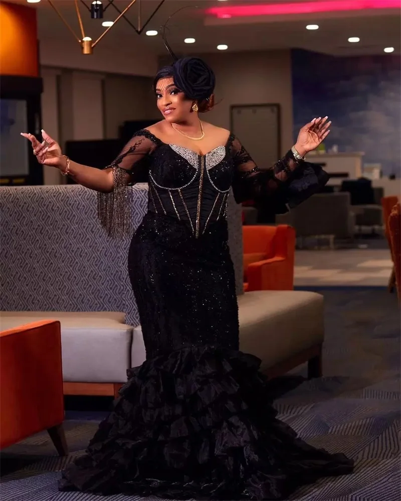 

Plus Size Mermaid Evening Dresses Glitter Sequins Beading Off Shoulder Prom Gowns Custom Made Tiered Tulle Robe De Mariée