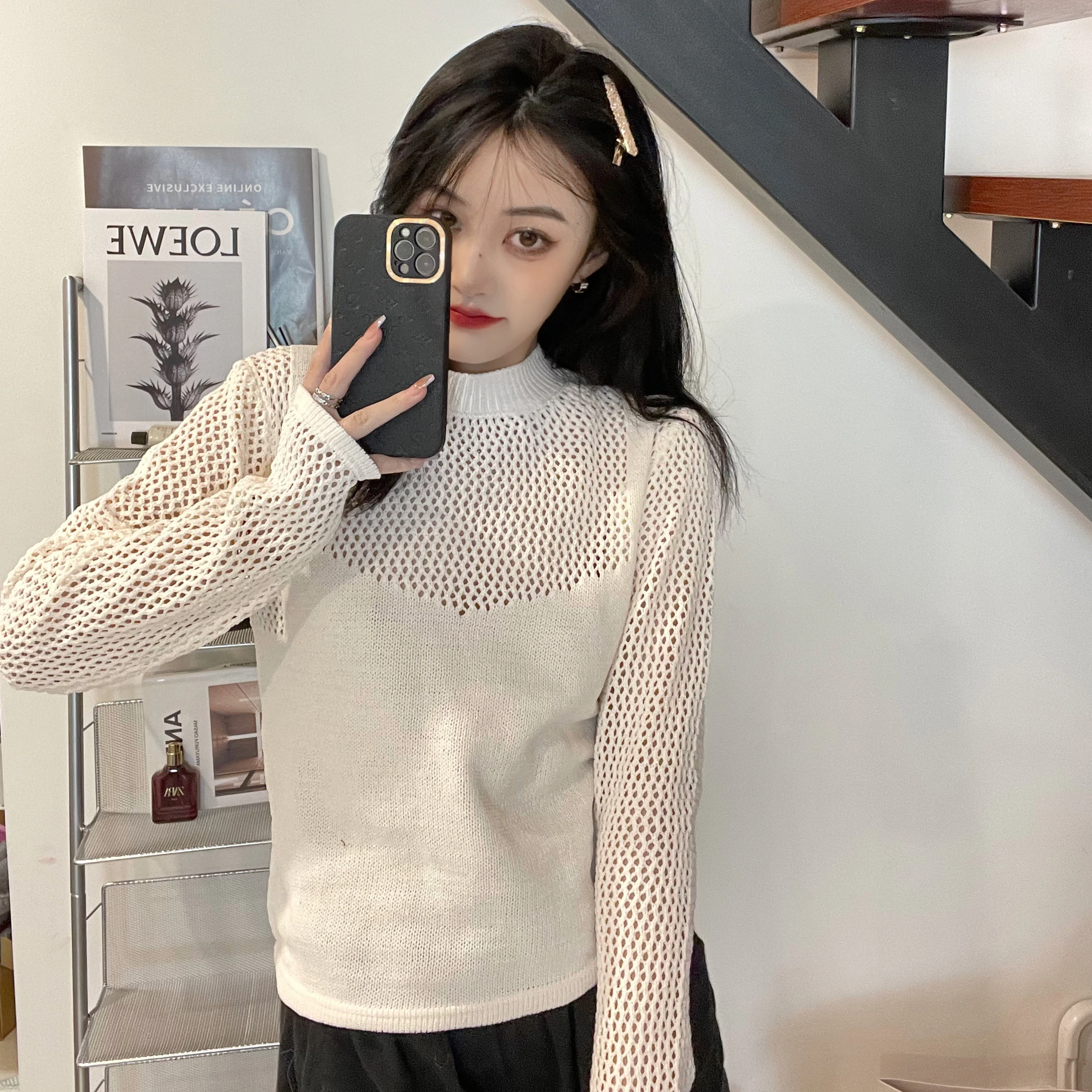 

JUNWU Autumn Za Women's White Round Neck Hollow Strapless Chic Design Long Sleeve Knitted Sweater Pullover Sexy Sweet Casual