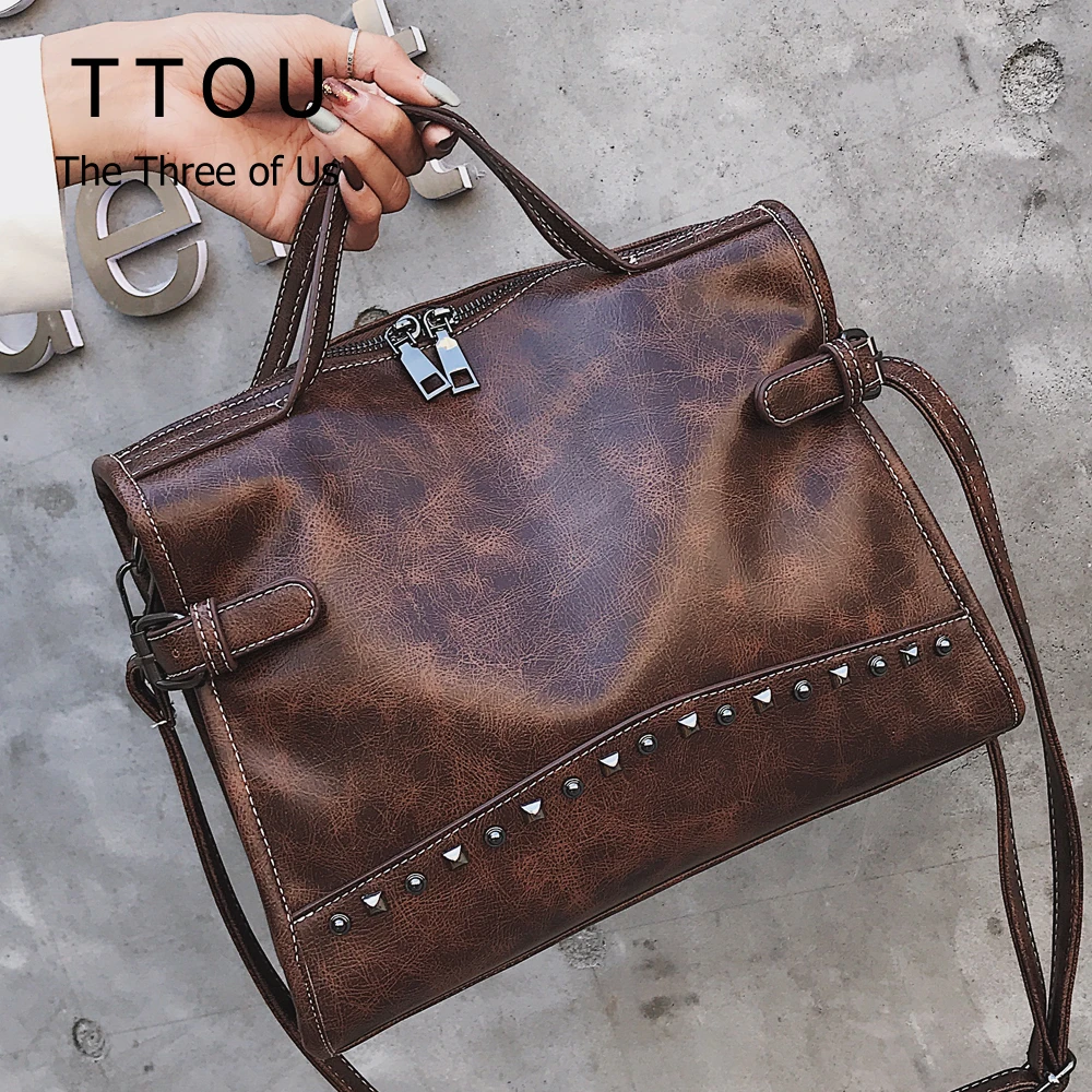

TTOU Rivet Vintage PU Leather Handbag Fashion Messenger Bag Women Shoulder Bag Larger Top-Handle Bags Travel Tote Bag Female