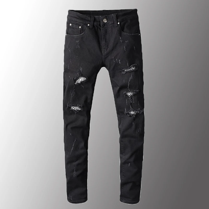 Роскошные мужские черные рваные джинсовые брюки стрейч с принтом зебры | Мужская