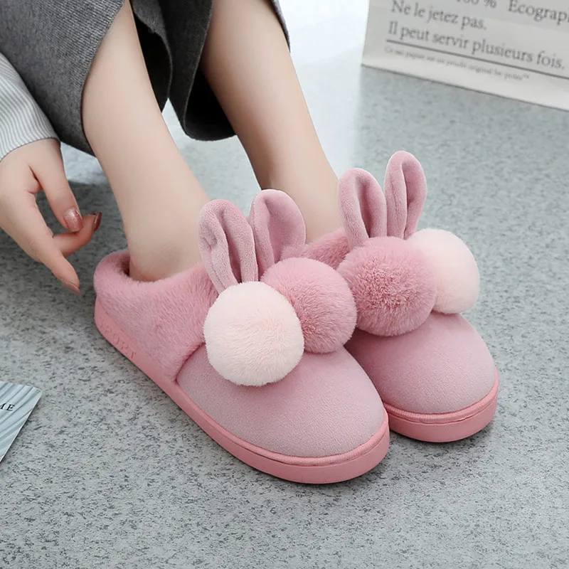 

2021 Winter Warm Plush Flecce Fur Floor Slippers Female Indoor Outdoor Cotton Shoes Woman Sweet Rabbit Fur ball Slippers Shoes