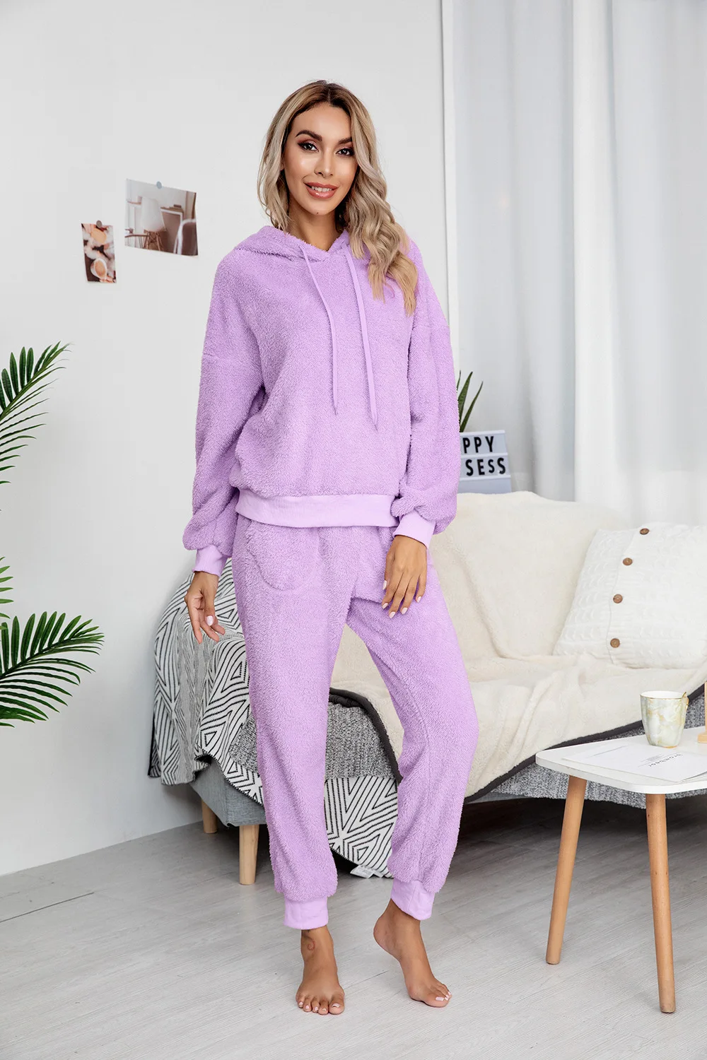 

Winter Women's Fleece 2 Pcs Clothes Sets Long Sleeve Solid Color Pullover Hoodies + Long Pant Warm Fuzzy Homewear Outfits
