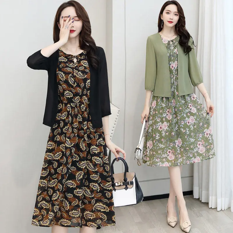

Women's Spring Summer Chiffon Dress / Suit Women's Two-Pieces Printed Lace Up O-Neck Elegant Dress AA3277