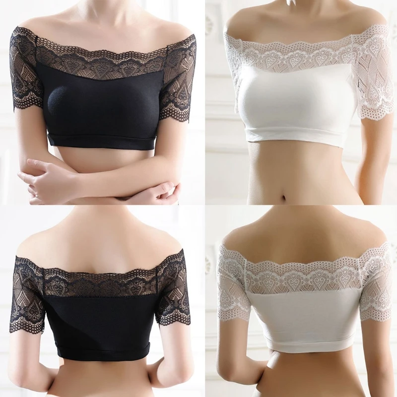Womens Lace Bra Sleeve Off Shoulder Crop Tops Lingerie Bralette Sports Padded X3UE