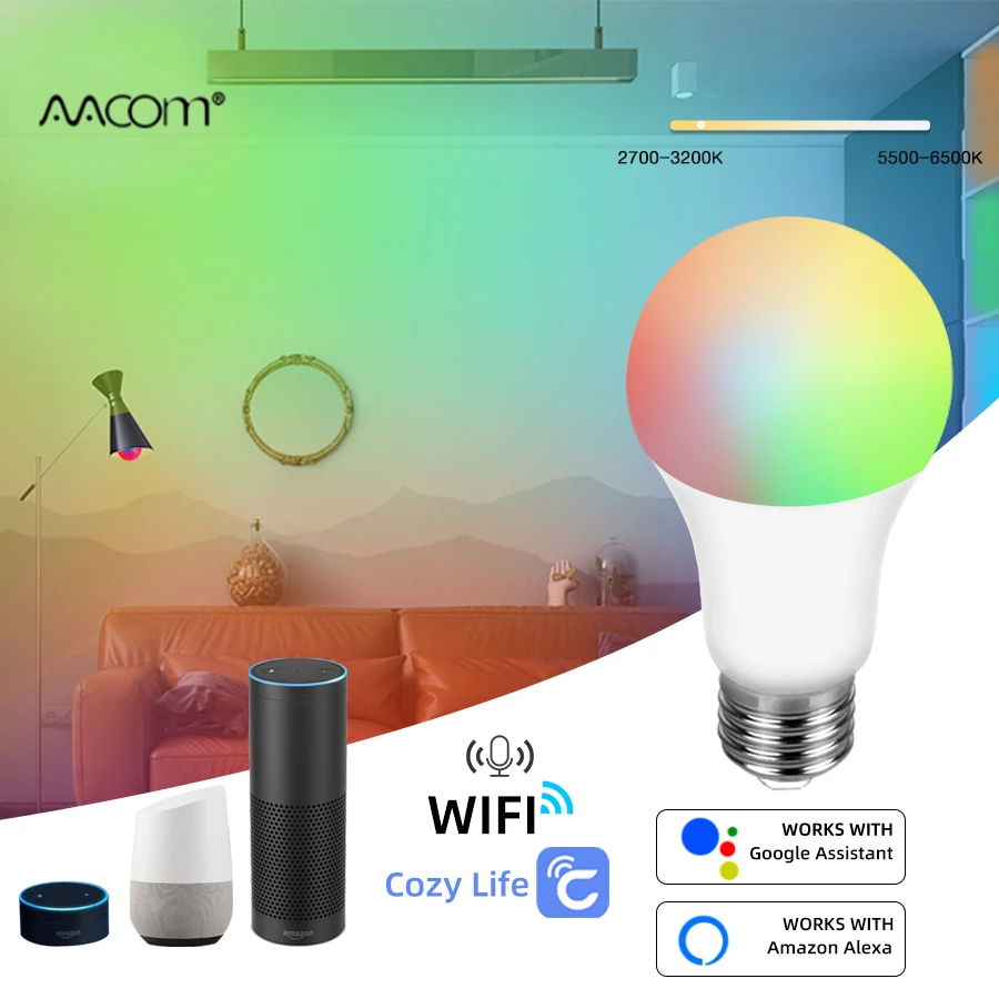 

Умсветильник Светодиодная лампа E27, лампа с Wi-Fi, RGB + CW + WW, 12 Вт/15 Вт/18 Вт, работает с Google Home Assistant Alexa, для гостиной