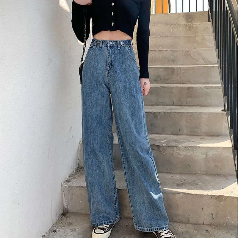 

New 2021 design feel high waist tibetan meat thin fashion mopping jeans women wide leg pants Denim pants trousers