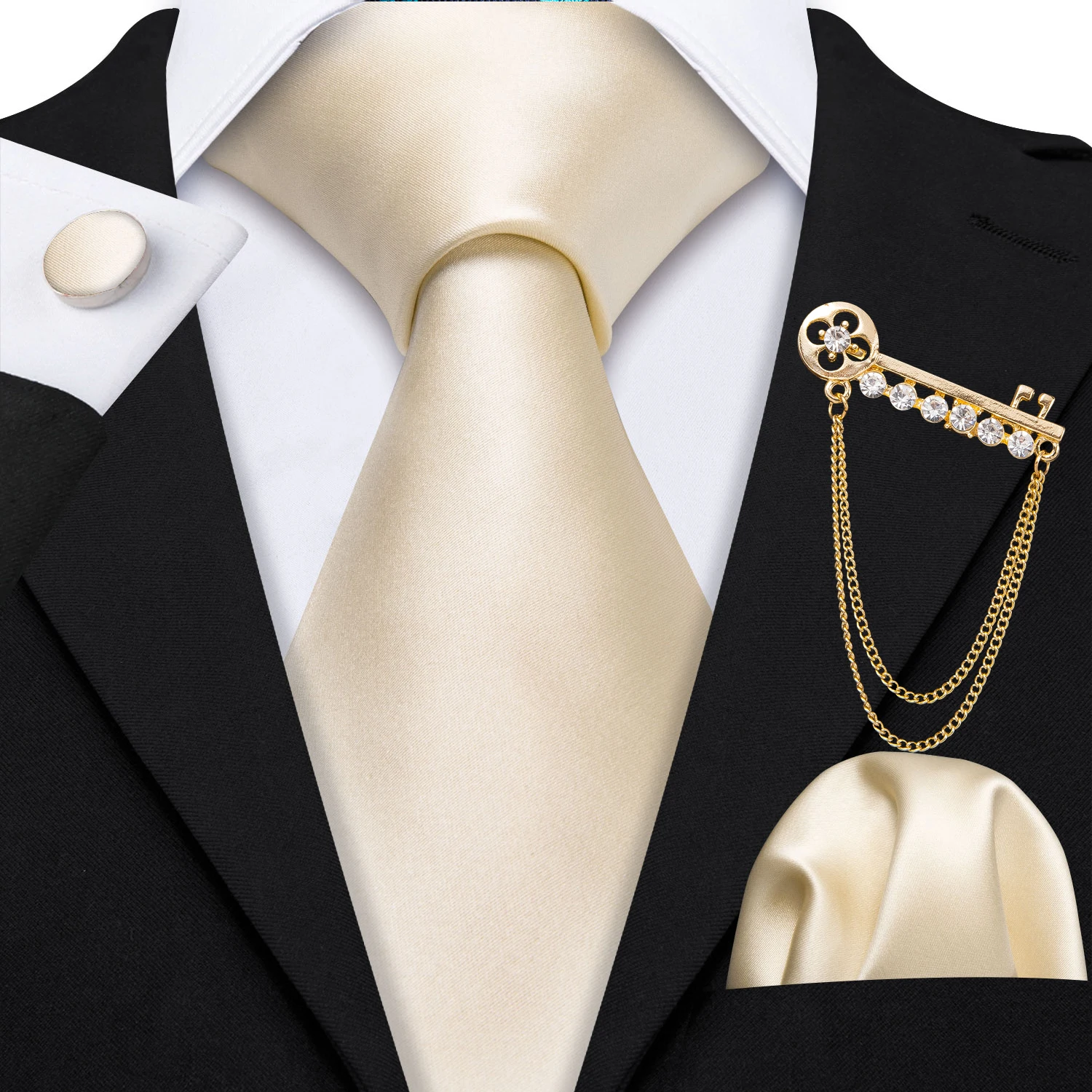 

New Fashion Men Tie Brooch Set Yellow Striped Jacquard Silk Tie Necktie Handkerchief Cravat For Wedding Party Barry.Wang LS-5253