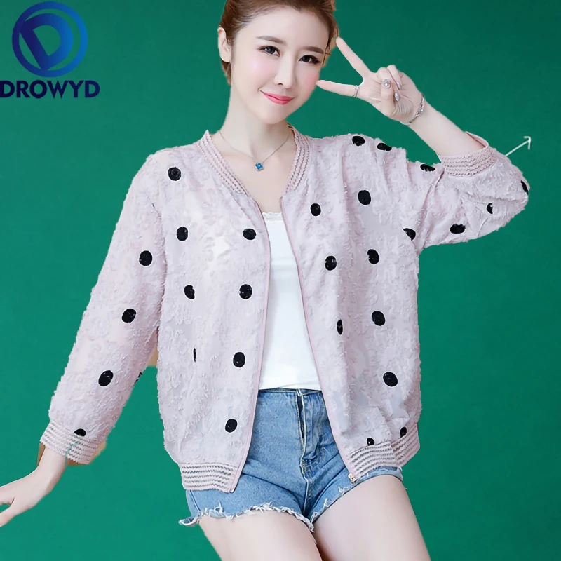 

2020 Korean Slim Baseball Short Jacket Summer New Casual Pink Thin Women's Bomber Jacket Fashion Dot Sunscreen Cardigan Jacket