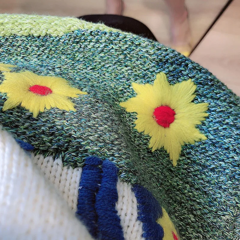 Женский вязаный Свитер оверсайз толстый свитер контрастных цветов с вышивкой