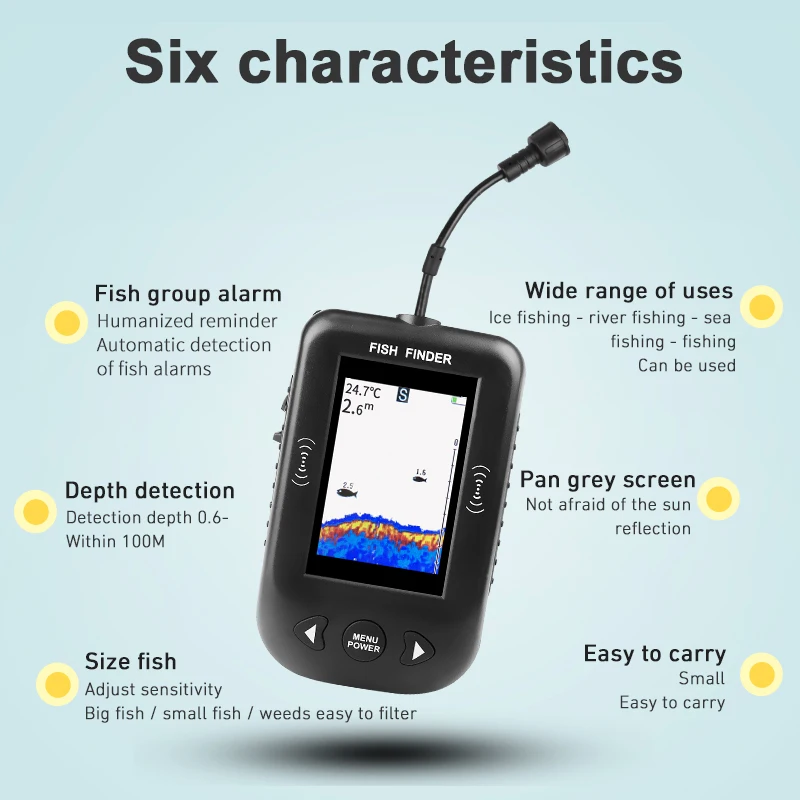 Upgraded Xf02-C Portable Fish Finder 9M Cable Echo Sounder Alarm 0.6-100M Depth Fishfinder Transducer Sensor Sonar Colorful Scre |