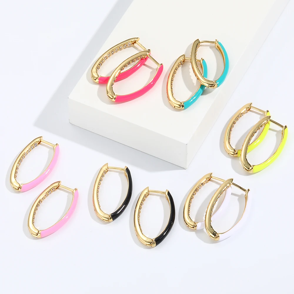 

Geometric Oval Enamel Earrings for Women Boho Ear Rings Female Bohemian CZ Zirocn Plated Gold Trendy Earrings 2021 Korean