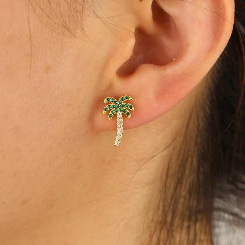 

Coconut Tree Green Cubic Zircon Pendan Stud Earring for Women Bohemian Style Gold Silver Color Plated Hip Hop Earrings Jewelry