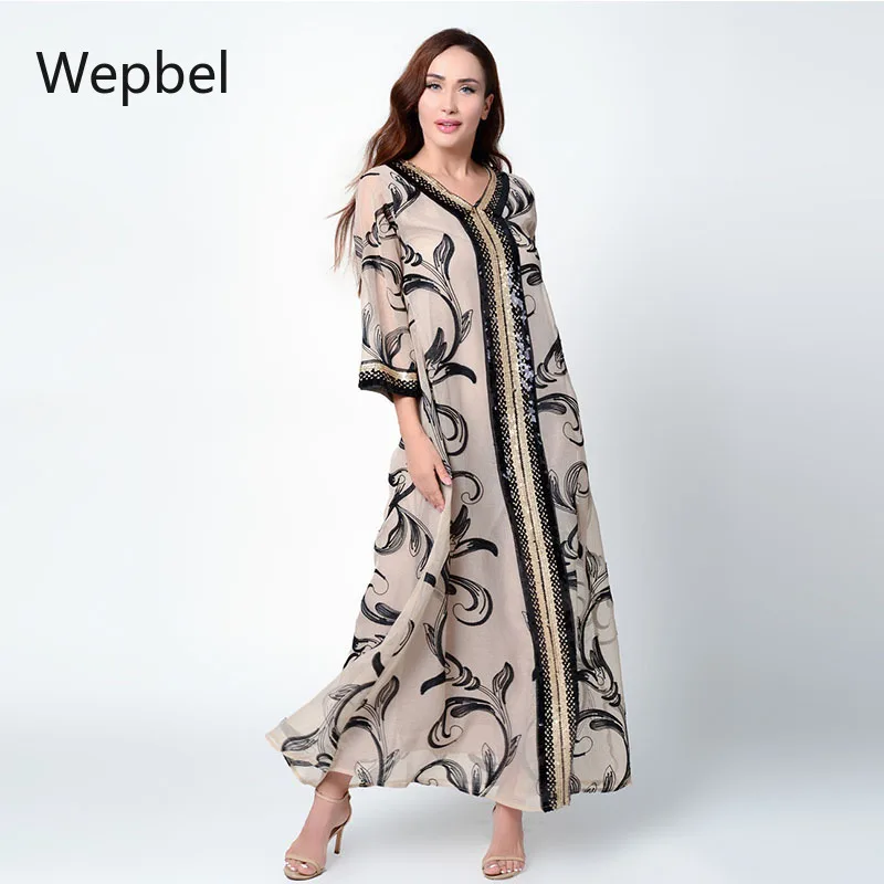 

Wepbel Embroidered Dress Robe Islam Clothing Sequined Robe Abaya Dubai Muslim Middle East Jalabiya Kaftan Mubarak Djellaba