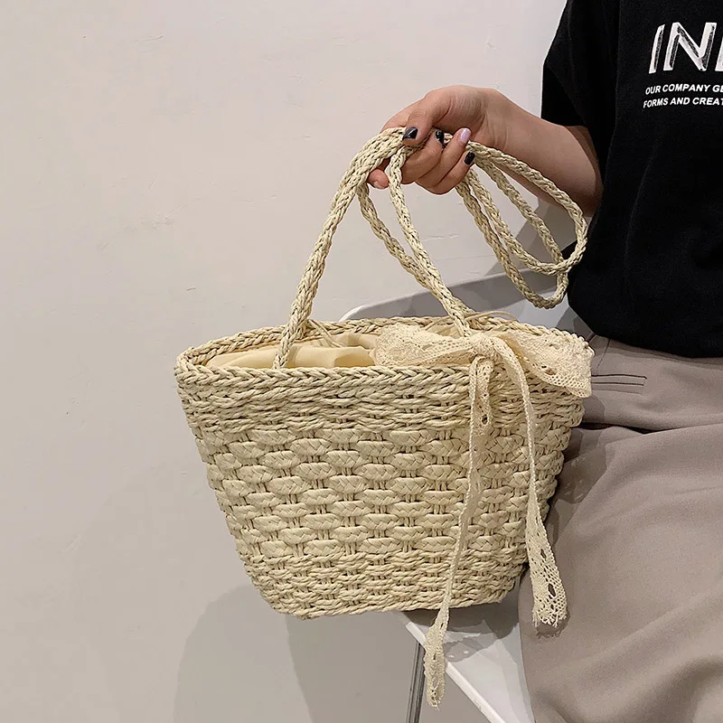 

Long Top Handle String Bohemian Stylish Beach Tassel Straw Handbag for Women Summer Knitting Shoulder Bag Bucket Tote Purse