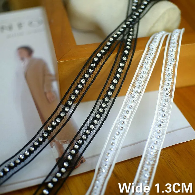 

1.3CM Wide White Black Luxury Glitter Rhinestones Dress Collar Neckline Lace Applique Trim Headwear Hat DIY Sewing Guipure Decor