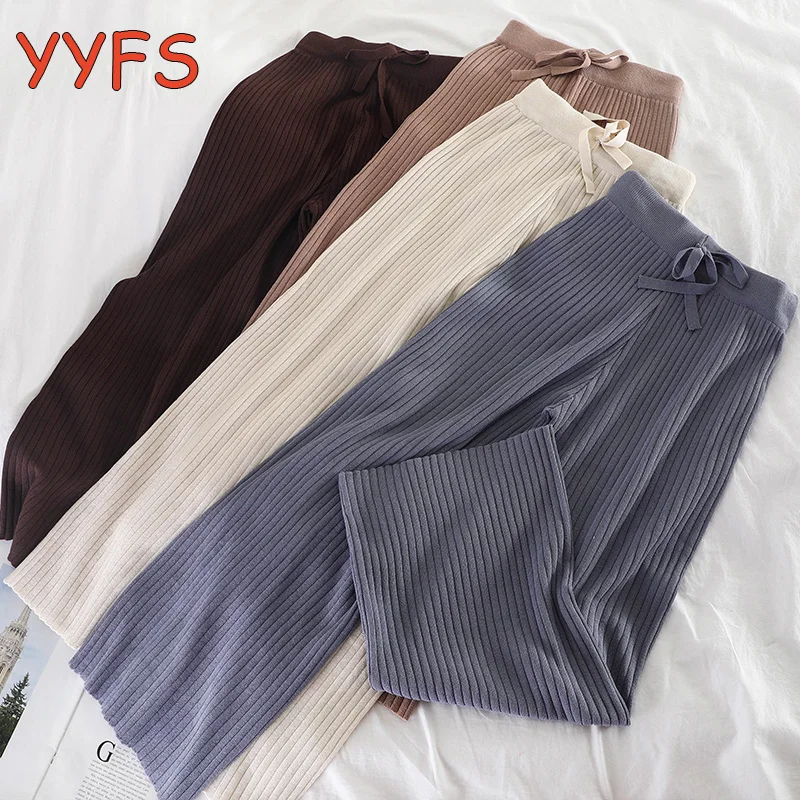 

Брюки женские трикотажные с широкими штанинами, однотонные Длинные повседневные свободные брюки с поясом на резинке, осень 2021