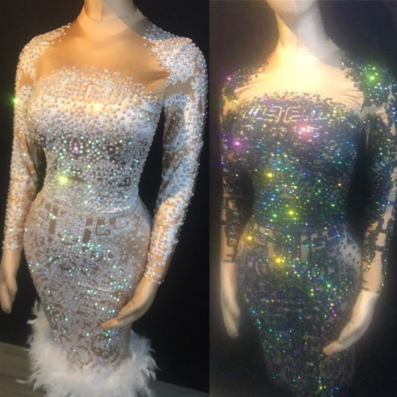 

Rhinestone Feather Dress Nightclub Female Singer Short Dress Evening Party Dress Adults Stage Costume Festival Outfit XS2636