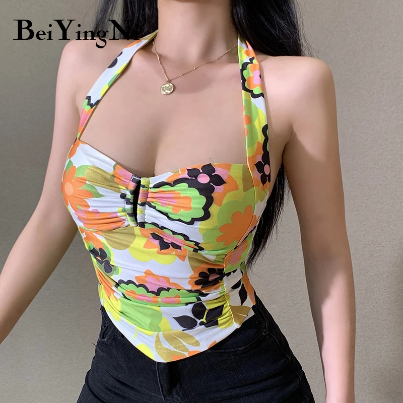 

Beiyingni Для женщин с лямкой на шее укороченный топ Женская одежда с цветочным принтом с низким вырезом на спине, с рюшами, уличная Bralette футболк...
