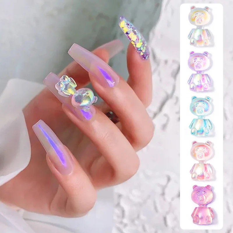 

10 Pieces Aurora Bear Nail Art Accessories Resin Kawaii Bear Three-dimensional 3D Fashion Glitter Jelly Nail DIY Decoration Gift