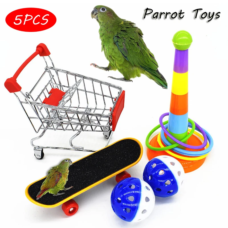 

5Pcs/Set Parrot Training Toys Mini Shopping Cart Training Rings Skateboard Stand Attractive Pet Supplies Activity Shopping Cart