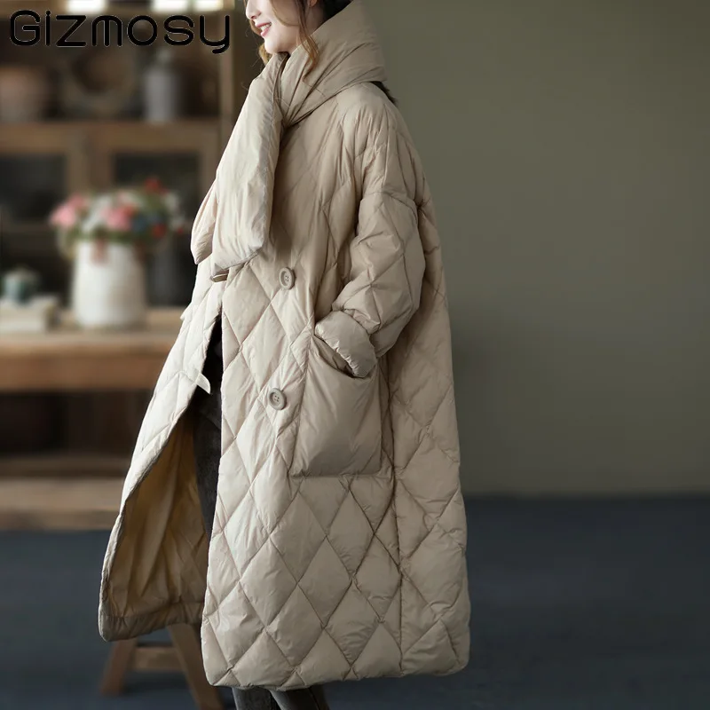 

2021 зимняя женская пуховая куртка Gizmosy с шарфом, стеганые пальто с подкладкой, Женская длинная пуховая куртка, теплая парка, женская верхняя о...