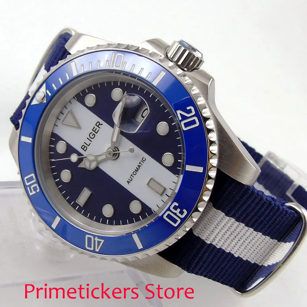 

White blue dial sapphire glass 40mm BLIGER blue ceramic bezel luminous automatic movement men's watch