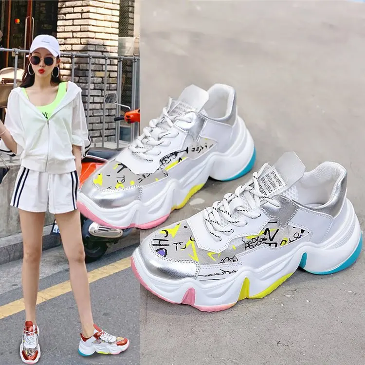 

Casual Shoes Rainbow Jelly Bottom Platform Platform Painted Graffiti Mesh Breathable Lace-up Shoes