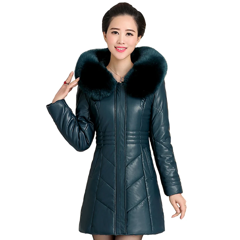 

Autumn Winter PU Leather Jacket Women Thick Warm Long Parkas Hooded Fur Collar Winter Coat Female Leather Parkas