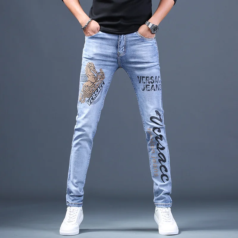 

Autumn Men's Jeans Embroidery Printed Decoration Stretchy Breathable Bunch Of Foot Washable Casual Male Pencil Jeam Pants