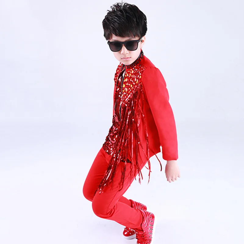 

2021 NEW Jazz Costumes Children Shiny Rhinestone Tassel Coat Boys Hip Hop Dance Outfit Kids Street Dancing Stage Show Wear