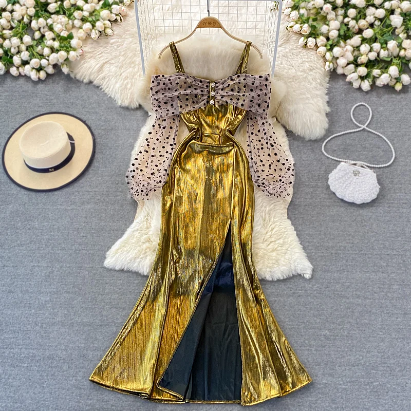 

High Quality Luxury Fashion Split Off Shoulder Party Dress Lady Metal Color Splice Wave Dot Mesh Sling Long Evening Dress Women