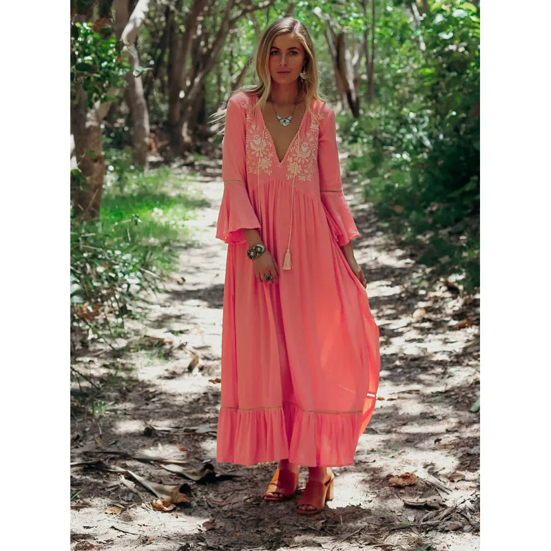 

Spring New Style Of Retro Ethnic Travel Holiday Embroidered Long Dress Bohemian Beach Island Dress V-Neck Loose Oversize Dresses