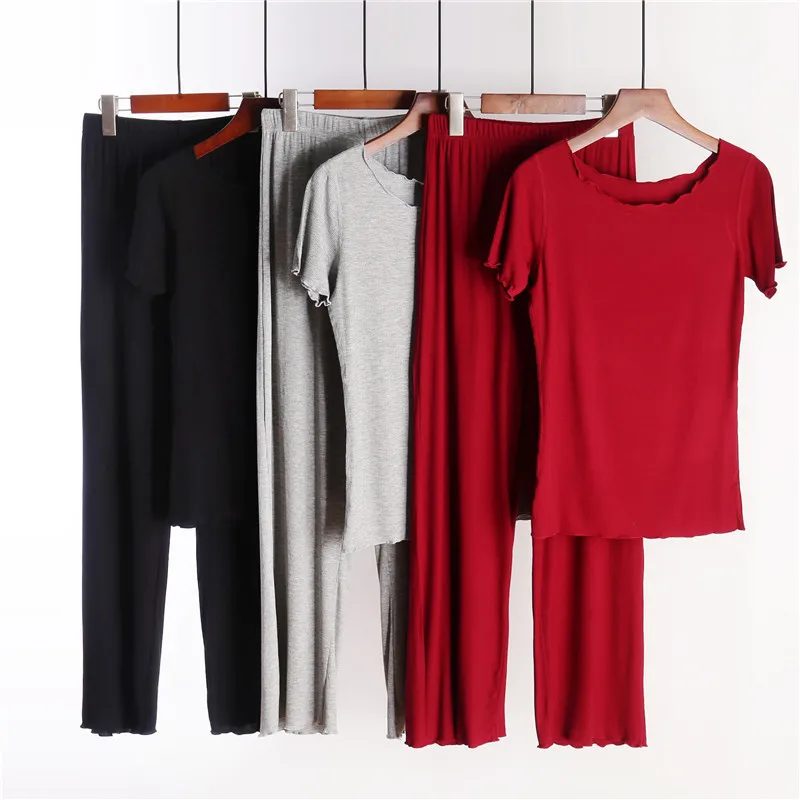 

Modal Cotton Pajamas Women Short Sleeve Plus Size Nightwear Pijamas Female Summer Sleepwear Ruffled Seamless Top + Pant Set 4XL