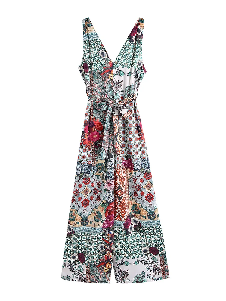 

Летний комбинезон для женщин 2021 винтаж цветочный лоскутное принт boho комбинезоны с v образным вырезом без рукавов узел ремень поясом широкие...