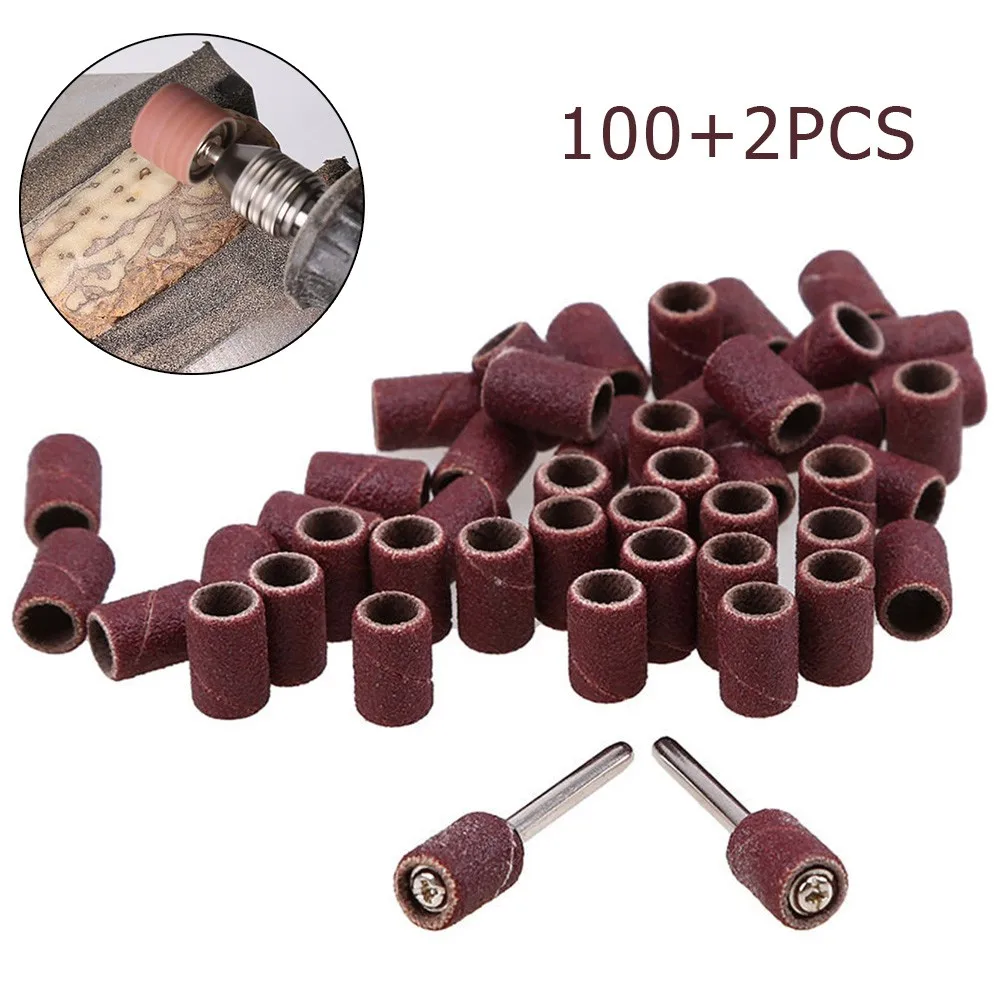 

100pcs 3.15mm Wood 320 Grit Drum Sanding Bands Sleeves + 2pcs Mandrels Sandpaper Rotary Tool For Polishing