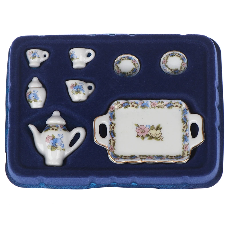 

8Pcs Dollhouse Miniature Dining Ware Porcelain Tea Set Dish Cup Plate -White Purple Flower Pattern Doll House Furniture Toys