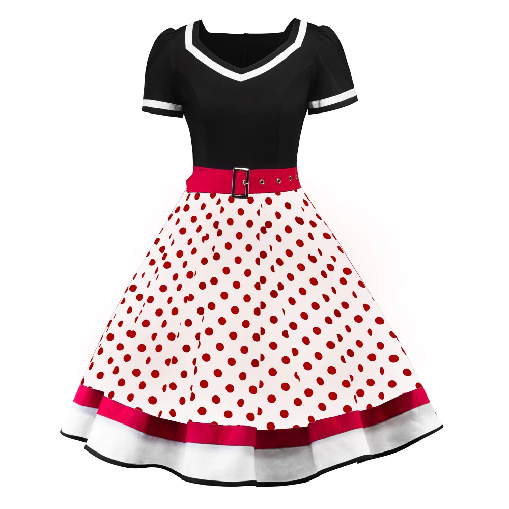 Joineles женское ретро платье в горошек v образный вырез короткие рукава высокая