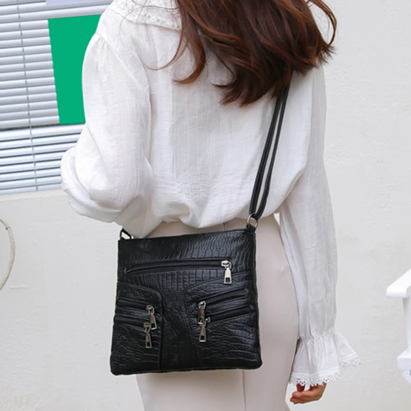 

Travelling Shopping PU Leather Bag One Shoulder Multi-Layer Handbag Ladies Female Cross Body Messenger Bag With Zipper