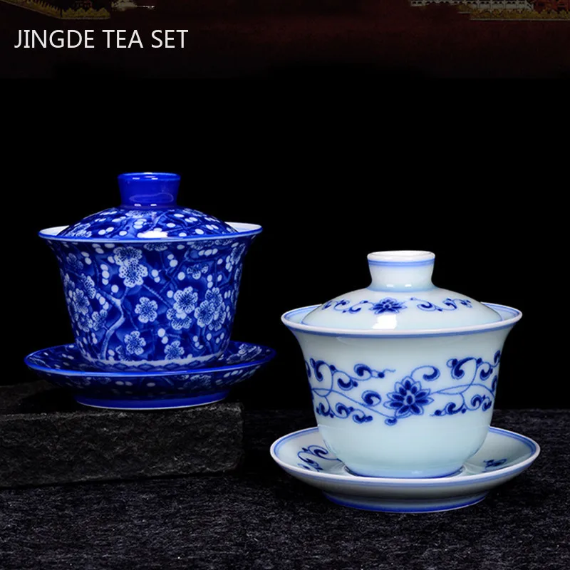 

Китайская сине-белая фарфоровая чайная чашка ручной работы Gaiwan, изысканная Женская чаша, домашняя чайная посуда, посуда для напитков, лична...